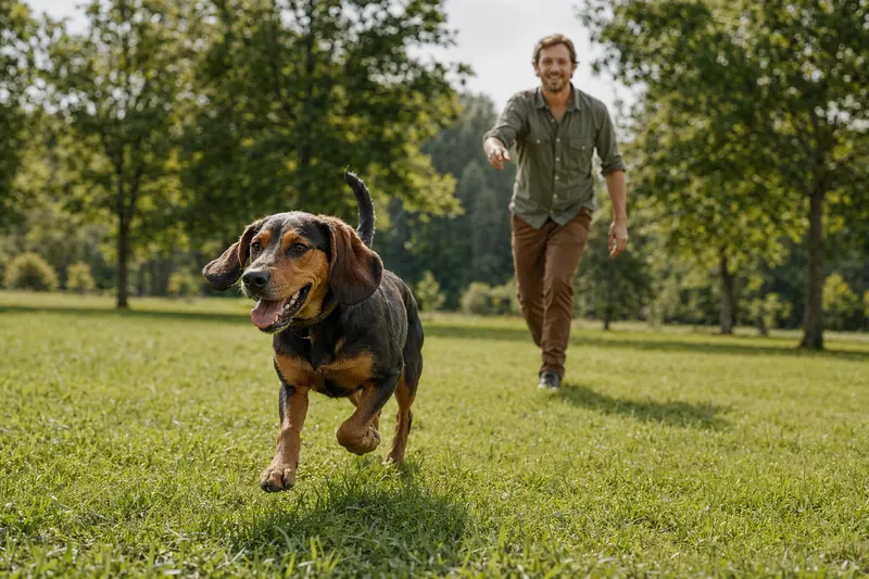 Ein vitaler Schwarzwildbracke-Hund läuft fröhlich über eine grüne Wiese im Park, während sein Besitzer im Hintergrund mit ihm spielt.