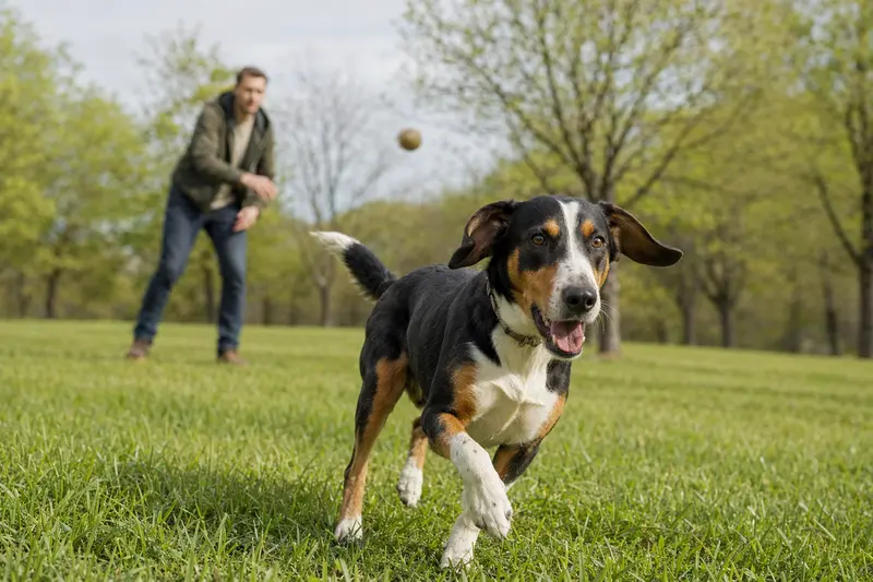 Ein vitaler Schwedische Dachsbracke Hund läuft fröhlich über eine grüne Wiese im Park, während sein Besitzer im Hintergrund mit ihm spielt.