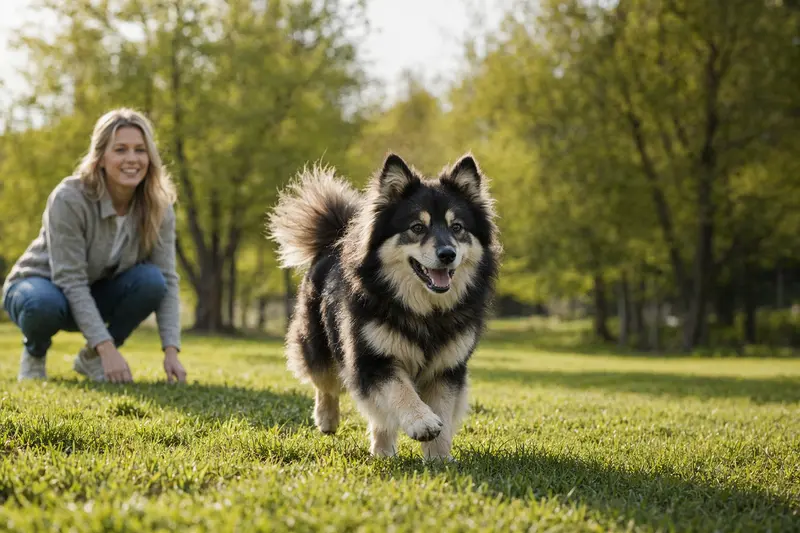 Ein vitaler Schwedischer Lapphund läuft fröhlich über eine grüne Wiese im Park, während sein Besitzer im Hintergrund mit ihm spielt.
