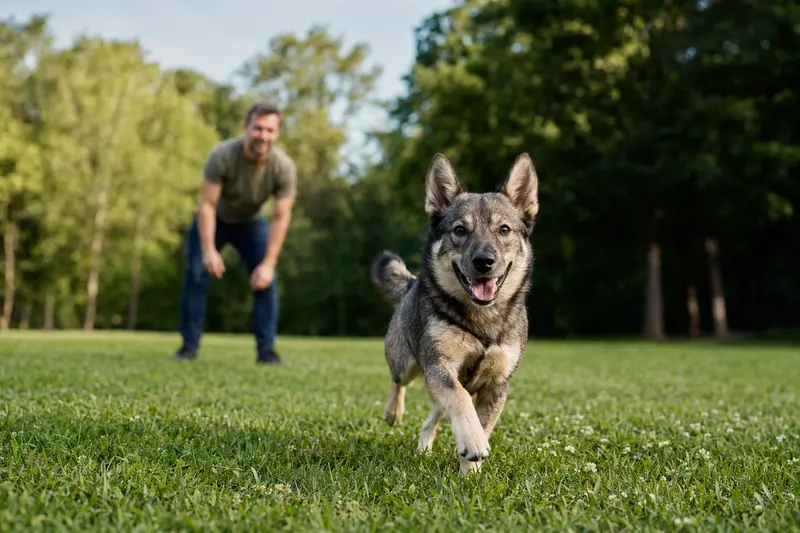 Ein vitaler Schwedischer Schäferspitz läuft fröhlich über eine grüne Wiese im Park, während sein Besitzer im Hintergrund mit ihm spielt.