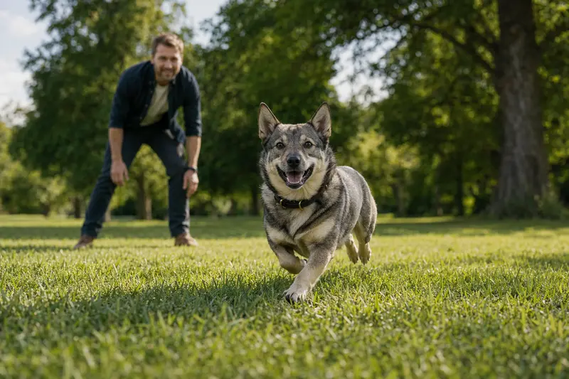 Ein vitaler Schwedischer Vallhund läuft fröhlich über eine grüne Wiese im Park, während sein Besitzer im Hintergrund mit ihm spielt.