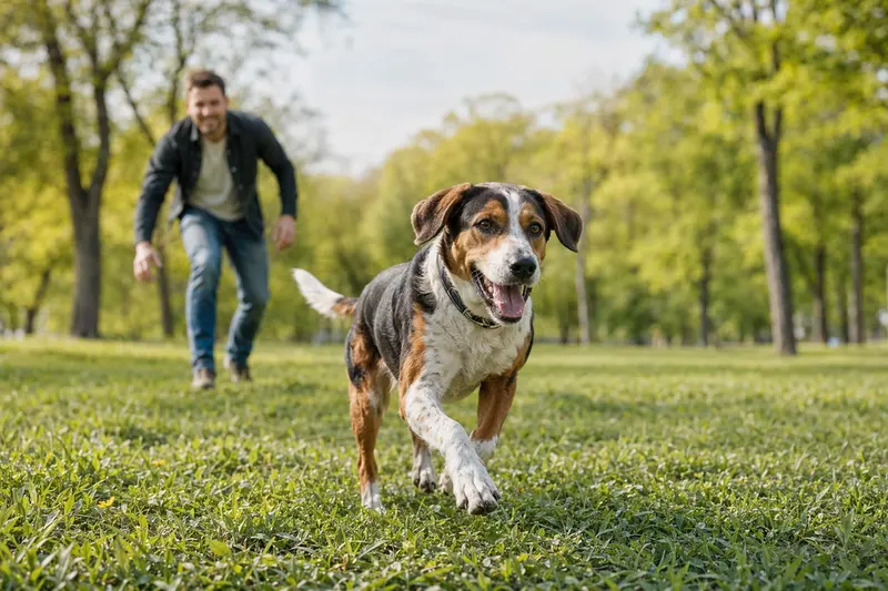 Ein fröhlicher Schweizer Laufhund läuft aktiv über eine grüne Wiese im Park, während sein Besitzer im Hintergrund mit ihm spielt.