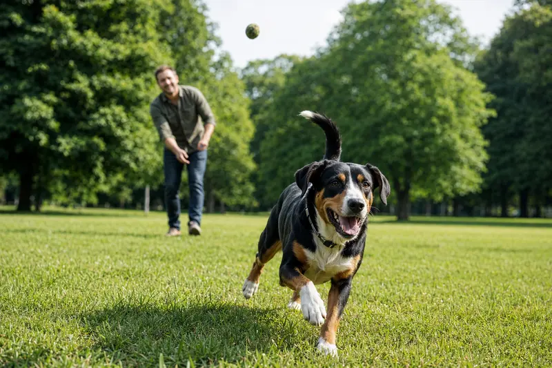 Ein vitaler Schwyzer Laufhund läuft fröhlich über eine grüne Wiese im Park, während sein Besitzer im Hintergrund mit ihm spielt.