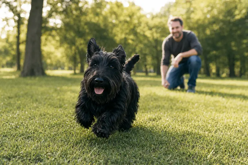 Ein vitaler Scottish Terrier läuft fröhlich über eine grüne Wiese im Park, während sein Besitzer im Hintergrund mit ihm spielt.