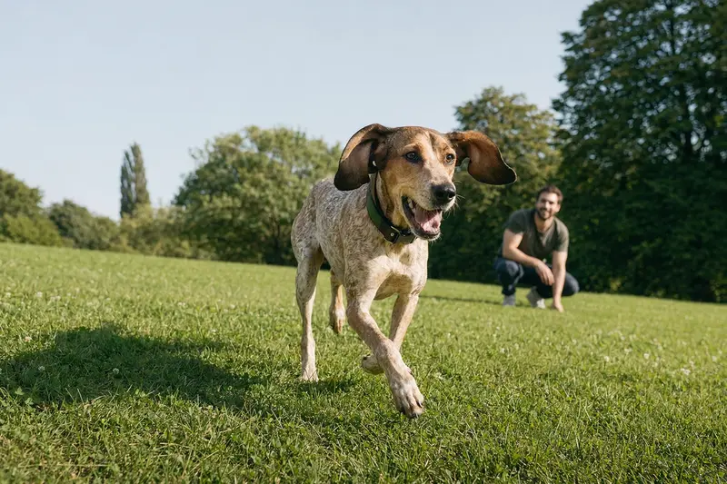 Ein vitaler Segugio Italiano läuft fröhlich über eine grüne Wiese im Park, während sein Besitzer im Hintergrund mit ihm spielt.