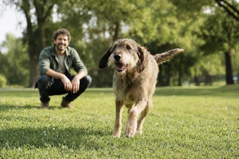 Ein vitaler Segugio Maremmano läuft fröhlich über eine grüne Wiese im Park, während sein Besitzer im Hintergrund mit ihm spielt.