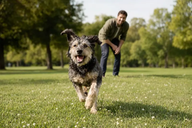 Ein vitaler Segusier Hund läuft fröhlich über eine grüne Wiese im Park, während sein Besitzer im Hintergrund mit ihm spielt.