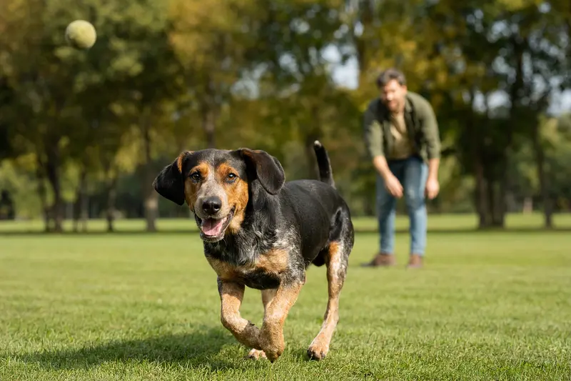 Serbischer Laufhund läuft fröhlich über eine grüne Wiese im Park, während sein Besitzer im Hintergrund mit ihm spielt.