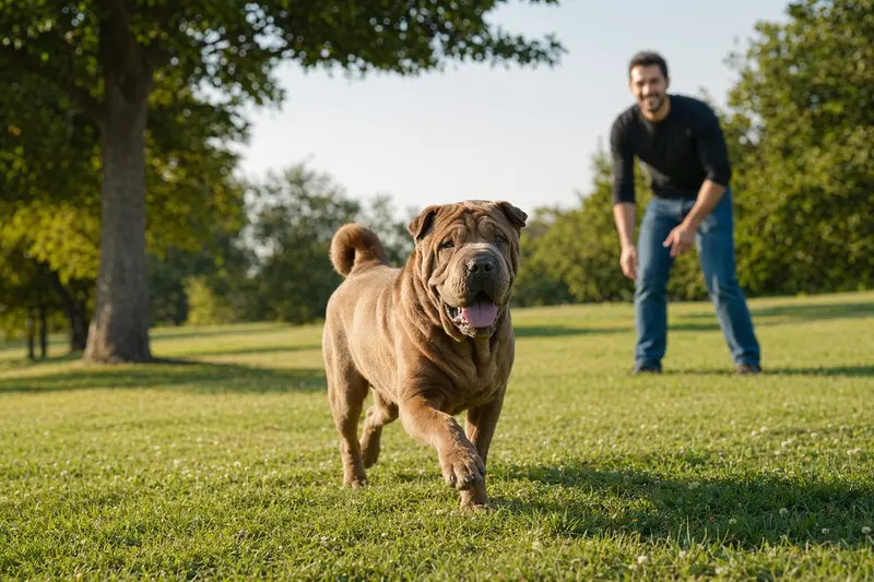 Ein vitaler Shar-Pei Hund läuft fröhlich über eine grüne Wiese im Park, während sein Besitzer im Hintergrund mit ihm spielt.