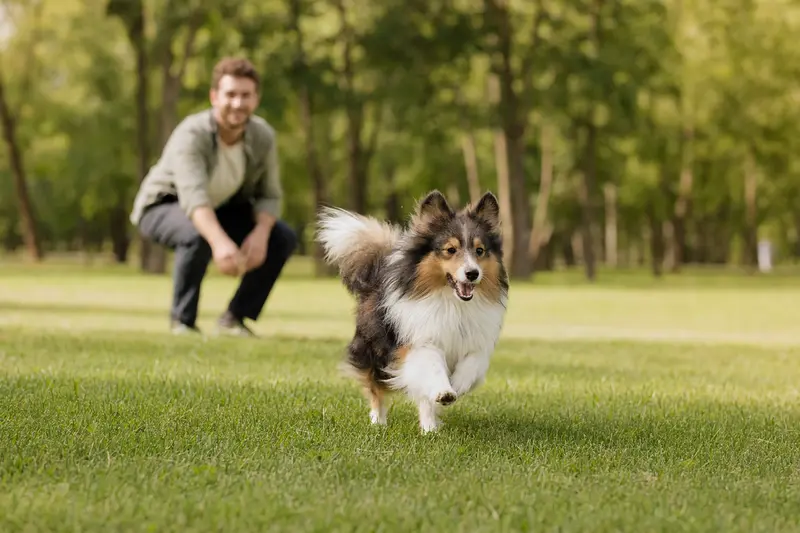 Ein vitaler Sheltie läuft fröhlich über die grüne Wiese im Park, während sein Besitzer im Hintergrund mit ihm spielt.