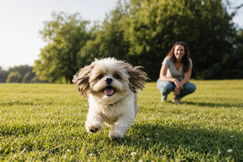Ein vitaler Shih Tzu läuft fröhlich über eine grüne Wiese im Park, während sein Besitzer im Hintergrund mit ihm spielt.