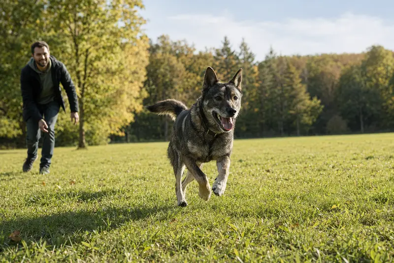 Ein vitaler Shikoku Hund läuft fröhlich über eine grüne Wiese im Park, während sein Besitzer im Hintergrund mit ihm spielt.