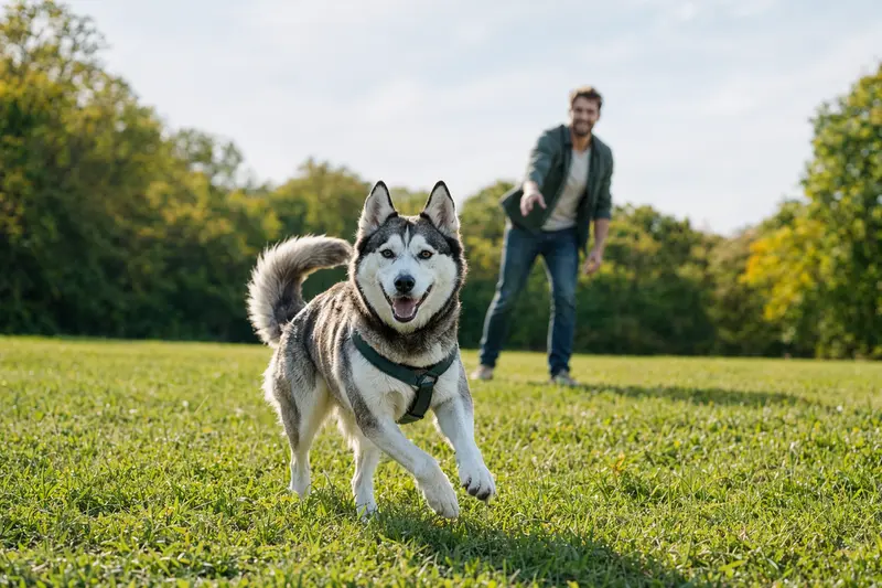 Ein vitaler Siberian Husky läuft fröhlich über eine grüne Wiese im Park, während sein Besitzer im Hintergrund mit ihm spielt.
