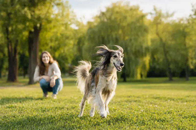 Ein vitaler Silken Windhund läuft fröhlich über die grüne Wiese im Park, während sein Besitzer im Hintergrund mit ihm spielt.