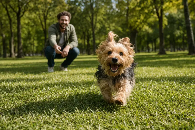 Ein vitaler Silky Terrier läuft fröhlich über eine grüne Wiese im Park, während sein Besitzer im Hintergrund mit ihm spielt.