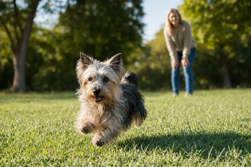 Ein vitaler Skye Silky Terrier läuft fröhlich über eine grüne Wiese im Park.