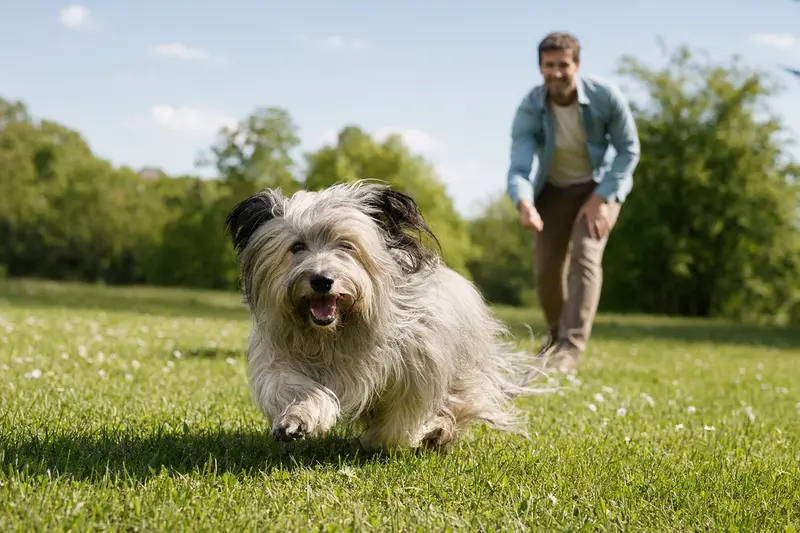 Ein vitaler Skye Terrier läuft fröhlich über eine grüne Wiese im Park.