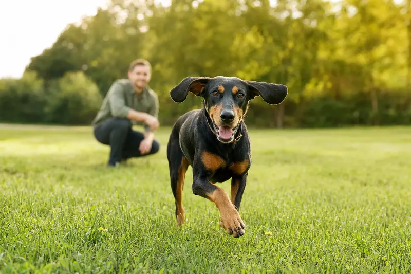 Ein vitaler Slowakische Schwarzwildbracke Hund läuft fröhlich über eine grüne Wiese im Park, während sein Besitzer im Hintergrund mit ihm spielt.