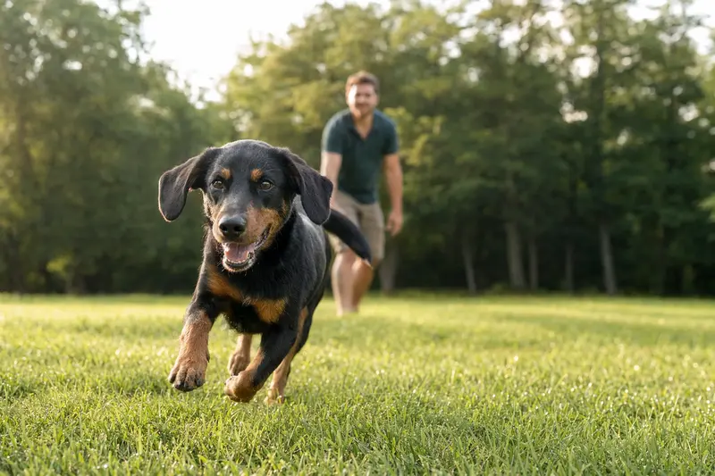 Ein gesunder Slowakischer Kopov Hund läuft fröhlich über die grüne Wiese im Park, während sein Besitzer im Hintergrund spielt.