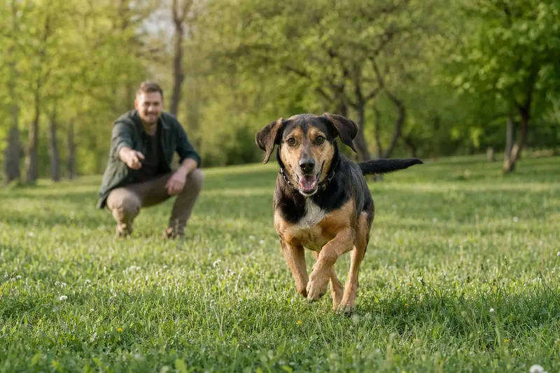 Ein vitaler Slowakischer Laufhund läuft fröhlich über eine grüne Wiese im Park, während sein Besitzer im Hintergrund mit ihm spielt.
