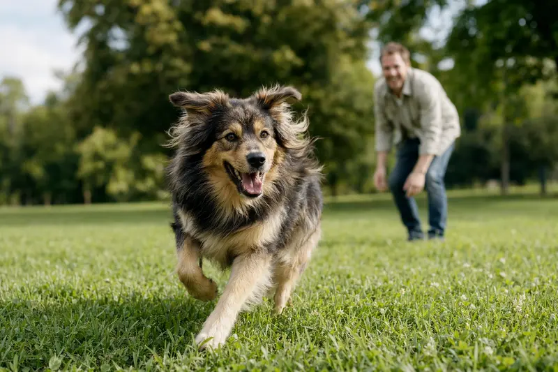 Ein vitaler Slowakischer Tchuwatsch läuft fröhlich über eine grüne Wiese im Park, während sein Besitzer im Hintergrund mit ihm spielt.