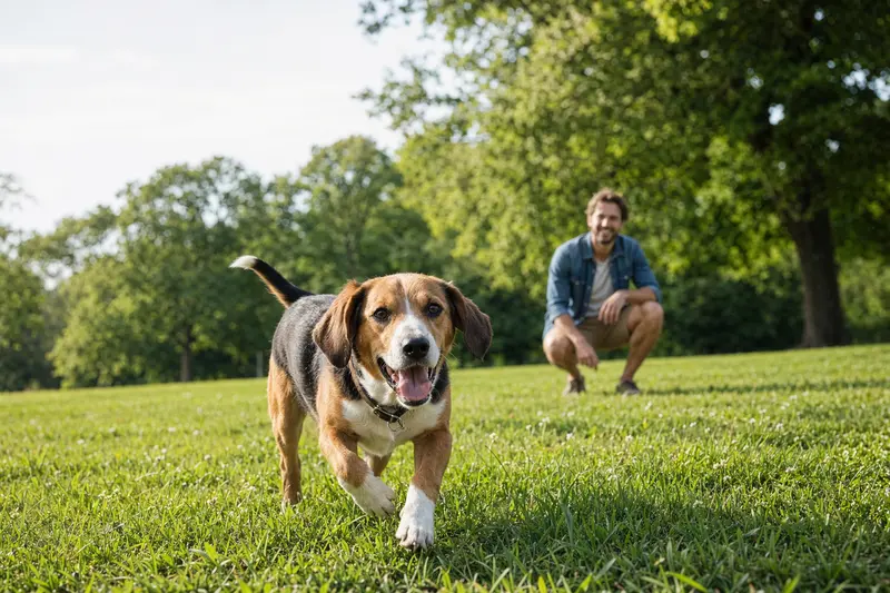 Ein vitaler Smaland-Laufhund läuft fröhlich über eine grüne Wiese im Park, während sein Besitzer im Hintergrund mit ihm spielt.