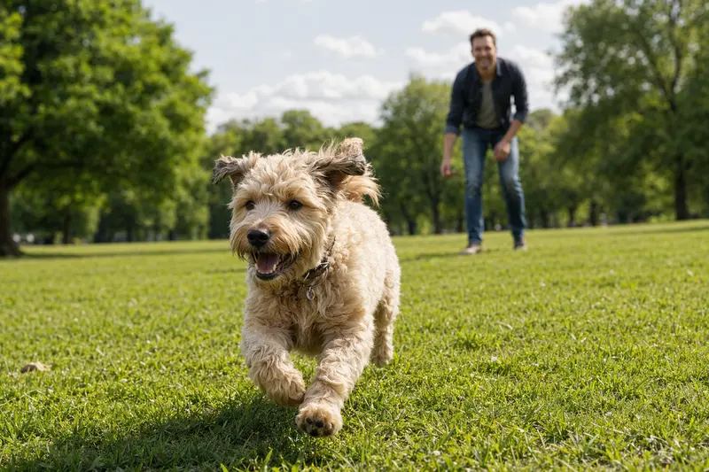 Ein vitaler Soft-Coated Wheaten Terrier läuft fröhlich über eine grüne Wiese im Park, während sein Besitzer im Hintergrund mit ihm spielt.