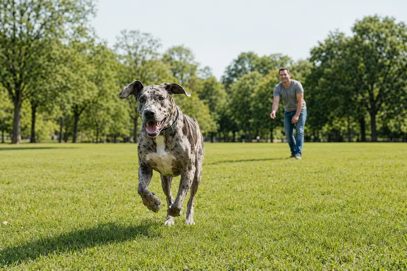Eine fröhliche Spanische Dogge läuft auf einer grünen Wiese im Park, während ihr Besitzer im Hintergrund mit ihr spielt.