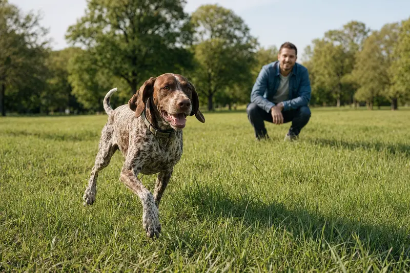Ein fröhlicher Spanischer Laufhund läuft auf einer grünen Wiese im Park, während sein Besitzer im Hintergrund mit ihm spielt.