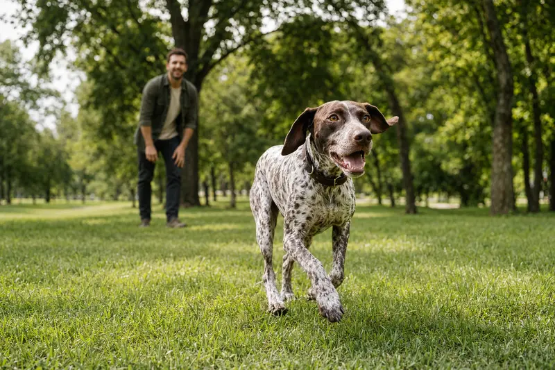 Ein vitaler Spanischer Pointer läuft fröhlich über eine grüne Wiese im Park, während sein Besitzer im Hintergrund mit ihm spielt.