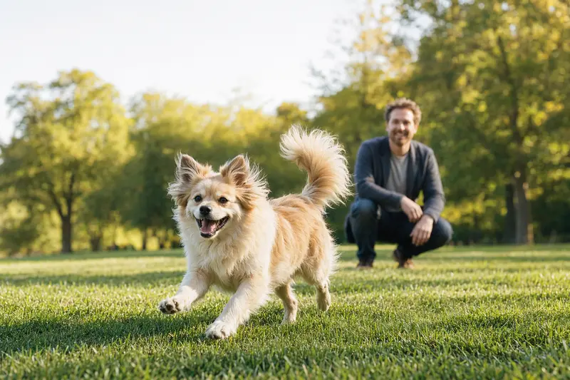 Ein vitaler Spitz läuft fröhlich über eine grüne Wiese im Park, während sein Besitzer im Hintergrund mit ihm spielt.