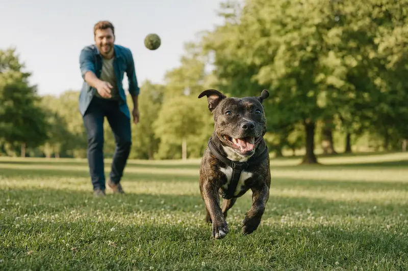 Ein fröhlicher Staffordshire Bull Terrier läuft aktiv über eine grüne Wiese im Park, während sein Besitzer im Hintergrund mit ihm spielt.
