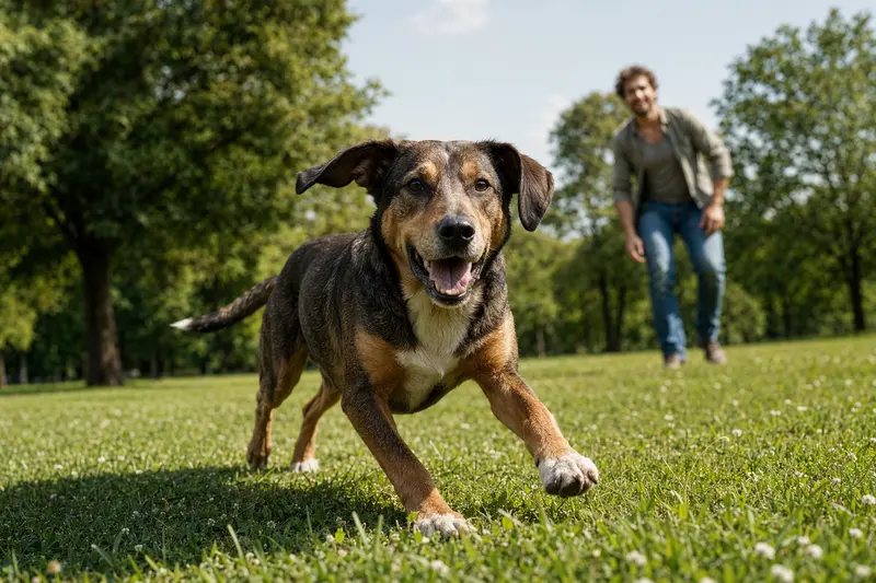 Ein vitaler Steinbracke Hund läuft fröhlich über eine grüne Wiese im Park, während sein Besitzer im Hintergrund mit ihm spielt.