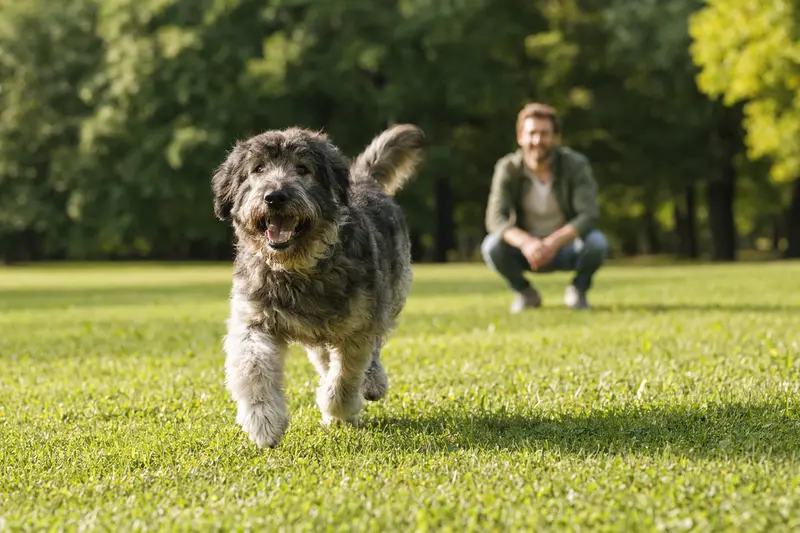 Ein gesunder Süd-russische Owtscharka Hund spielt fröhlich auf einer grünen Wiese im Park mit seinem Besitzer an einem sonnigen Tag.