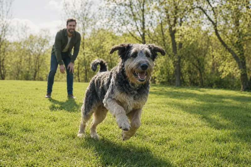 Ein vitaler Südrussischer Schäferhund läuft fröhlich über eine grüne Wiese im Park, während sein Besitzer im Hintergrund mit ihm spielt.