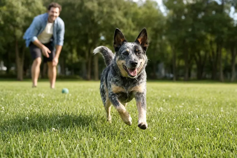 Ein vitaler Swedish Cattle Dog läuft fröhlich über eine grüne Wiese im Park, während sein Besitzer im Hintergrund mit ihm spielt.