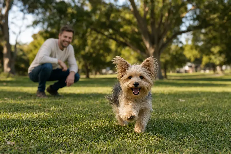 Ein vitaler Sydney Silky Hund läuft fröhlich über eine grüne Wiese im Park, während sein Besitzer im Hintergrund mit ihm spielt.