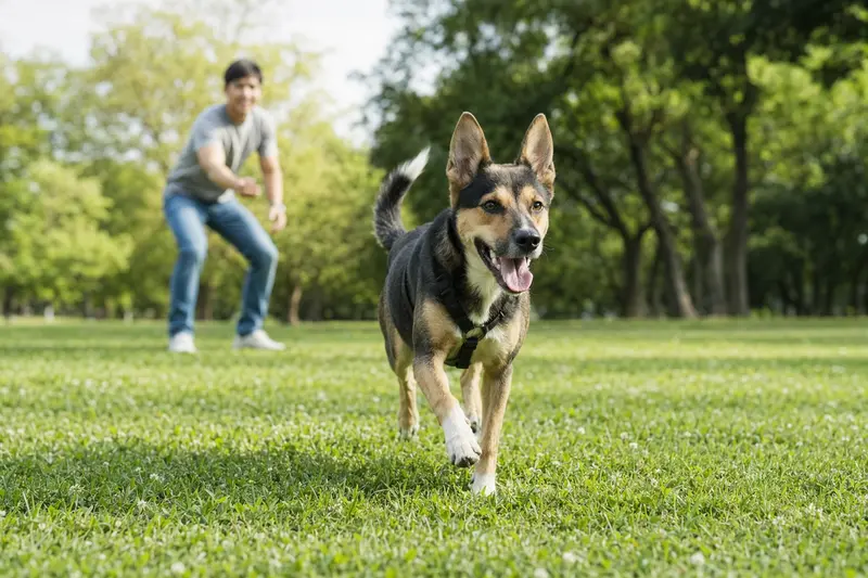 Ein vitaler Taiwanhund läuft fröhlich über eine grüne Wiese im Park, während sein Besitzer im Hintergrund mit ihm spielt.