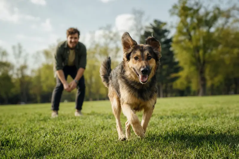 Ein vitaler Tajgan Hund läuft fröhlich über eine grüne Wiese im Park, während sein Besitzer im Hintergrund mit ihm spielt.