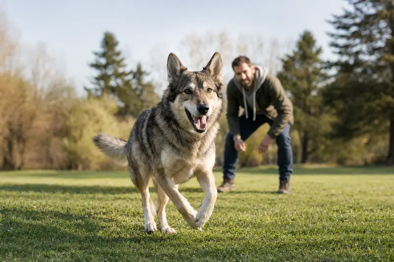 Ein vitaler Tamaskan Hund läuft fröhlich über eine grüne Wiese, während sein Besitzer im Hintergrund spielt.