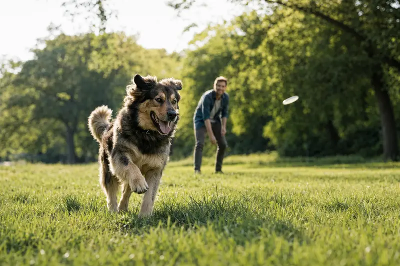 Ein vitaler Tatra-Hirtenhund läuft fröhlich über eine grüne Wiese im Park, während sein Besitzer im Hintergrund mit ihm spielt.