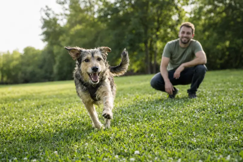 Ein vitaler Telomian Hund läuft fröhlich über eine grüne Wiese im Park, während sein Besitzer im Hintergrund mit ihm spielt.