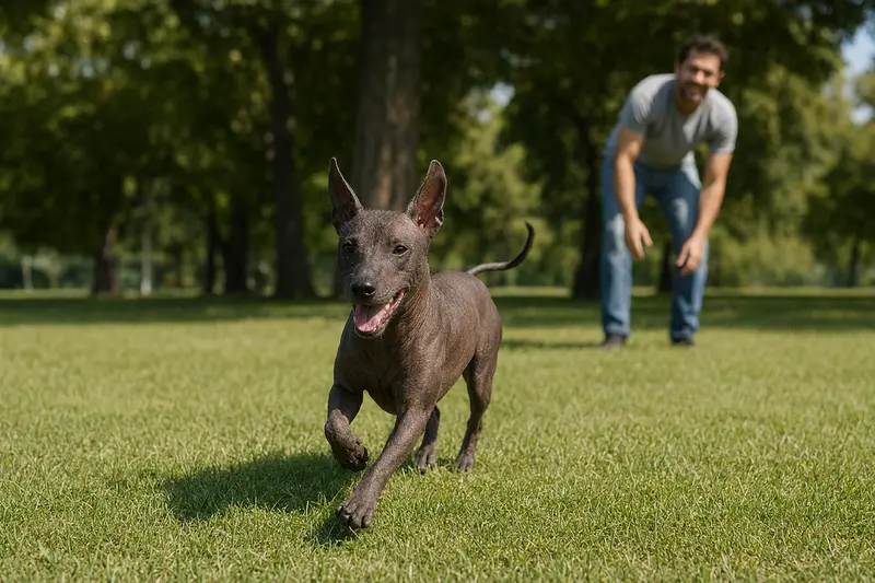 Ein vitaler Tepeizeuintli Hund läuft fröhlich über eine grüne Wiese im Park, während sein Besitzer im Hintergrund mit ihm spielt.