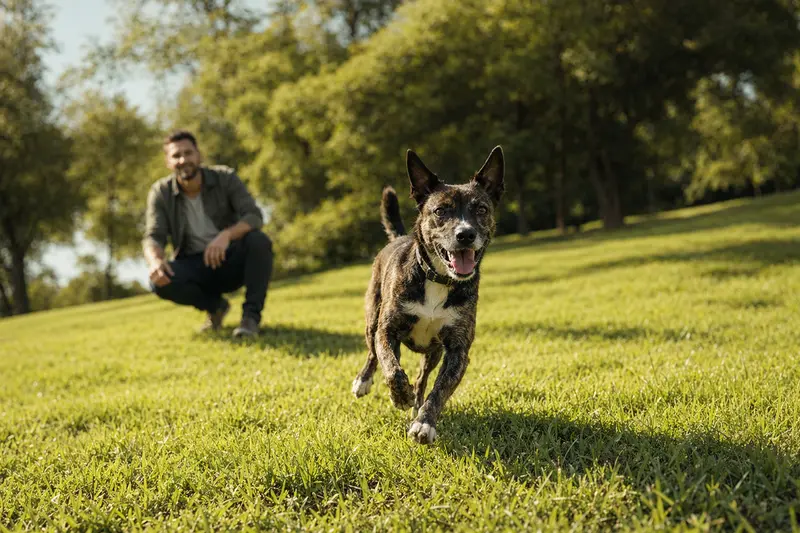 Ein vitaler Terrier Brasileiro läuft fröhlich über eine grüne Wiese im Park, während sein Besitzer im Hintergrund mit ihm spielt.