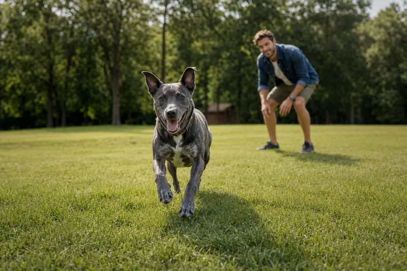 Ein aktiver Texas Blue Lacy Hund läuft fröhlich über eine grüne Wiese im Park, während sein Besitzer im Hintergrund mit ihm spielt.