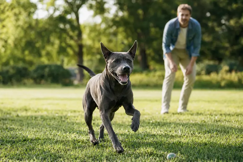 Ein vitaler Thai Ridgeback läuft fröhlich über eine grüne Wiese im Park, während sein Besitzer im Hintergrund mit ihm spielt.