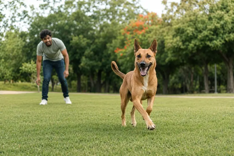 Ein vitaler Thanjavurhund läuft fröhlich über eine grüne Wiese im Park, während sein Besitzer im Hintergrund mit ihm spielt.