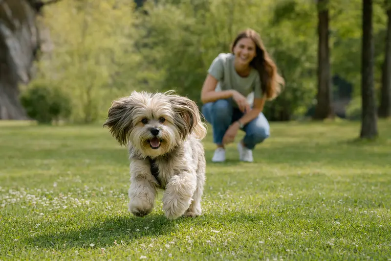 Ein vitaler Tibet Apso Hund läuft fröhlich über eine grüne Wiese im Park, während sein Besitzer im Hintergrund mit ihm spielt.