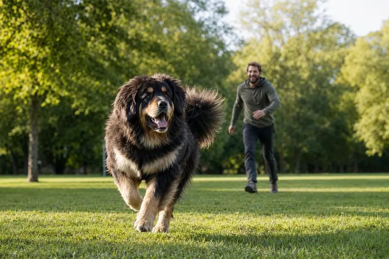 Ein vitaler Tibetdogge läuft fröhlich über eine grüne Wiese im Park, während sein Besitzer im Hintergrund mit ihm spielt.
