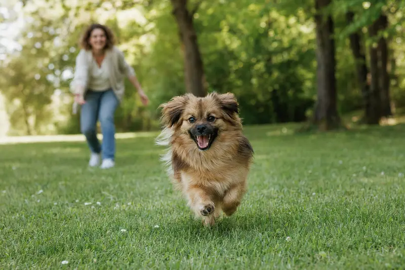 Ein vitaler Tibet-Spaniel läuft fröhlich über eine grüne Wiese im Park, während sein Besitzer im Hintergrund mit ihm spielt.